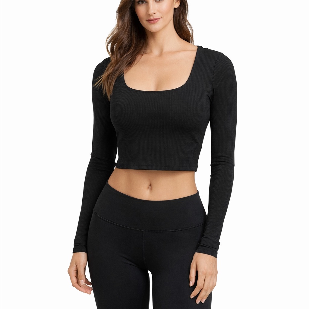 Fabletics Size Small Black Ribbed Cropped Long Sleeve Open Back Top
